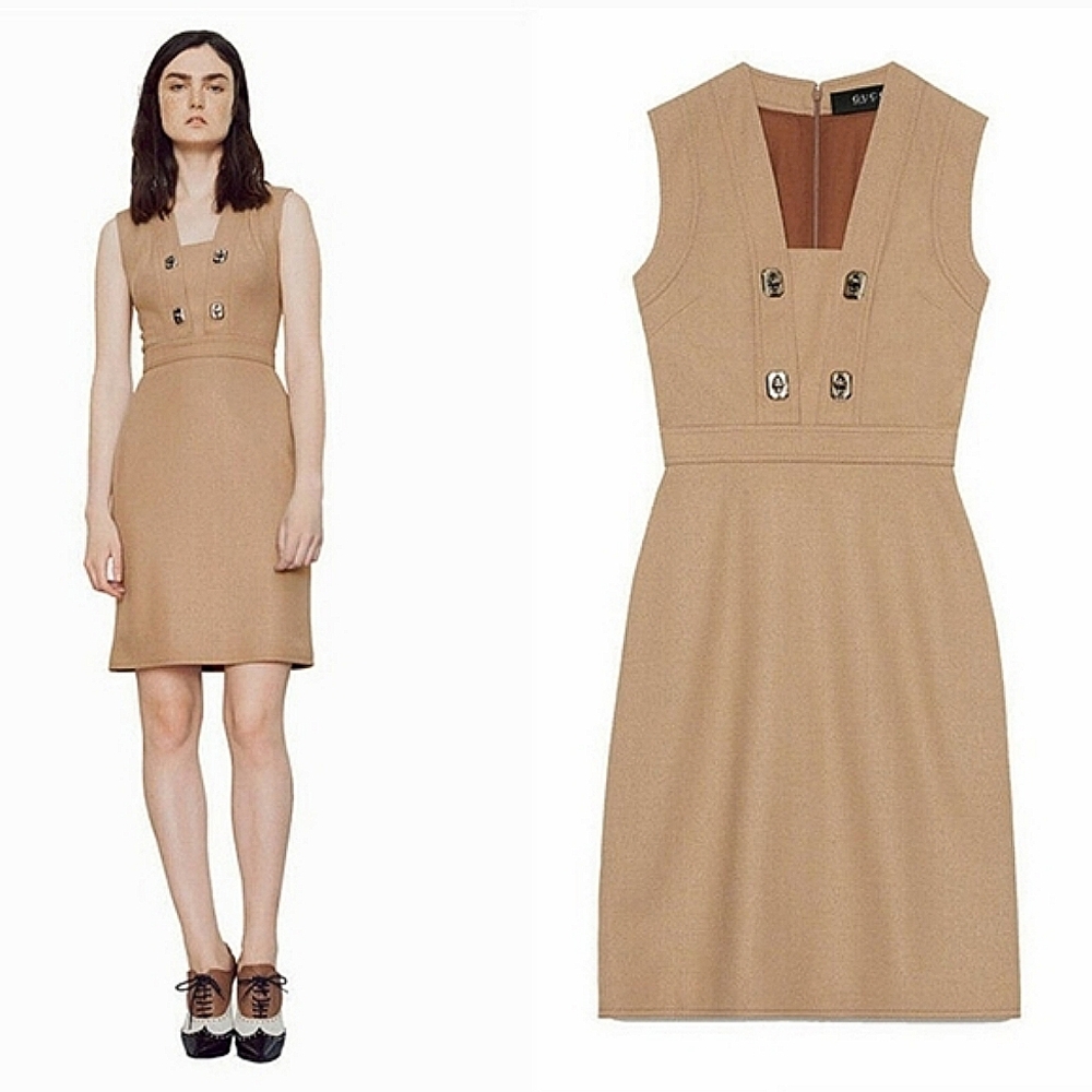GUCCI Camel Tan Wool Jersey Aged Silver Metal Turnlock Accent Dress Size XS